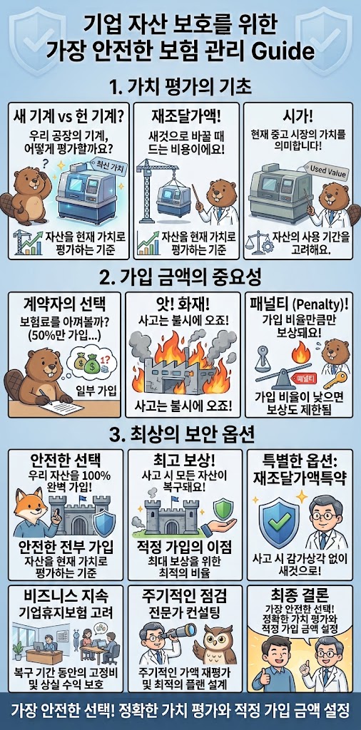 기업 자산보험의 시가와 재조달가액, 일부보험 비례보상, 전부보험과 정기 재평가를 설명하는 가입금액 안내 인포그래픽