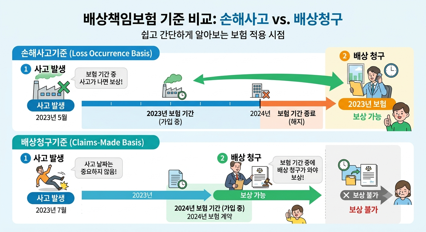 손해사고기준과 배상청구기준의 사고 발생, 보험기간, 배상청구 및 보상 가능 시점을 비교한 인포그래픽